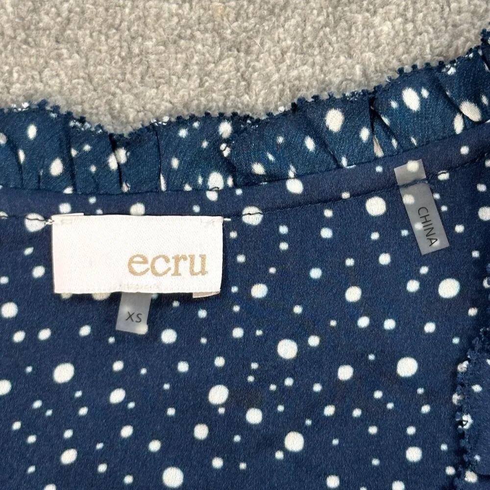 Ecru Puff Sleeve Blouse Women's X-Small Blue/White V-Neck Ruffle Polka Dot Pleat - Image 3