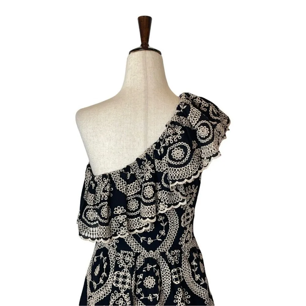 LoveShackFancy Black And Cream Pamela Asymmetric One Shoulder‎ Flounce Dress S - Image 8