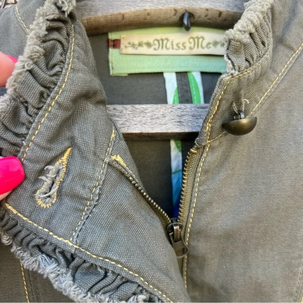 Miss Me Aztec Southwestern Stud Olive Canvas Military Jacket Ruffles LARGE - Image 4