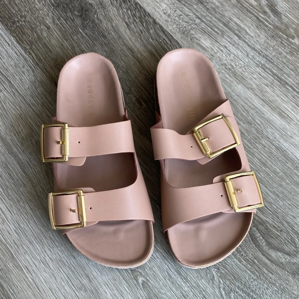 Madden girl two strap buckle flat sandals tan beige neutral 6 - Image 2