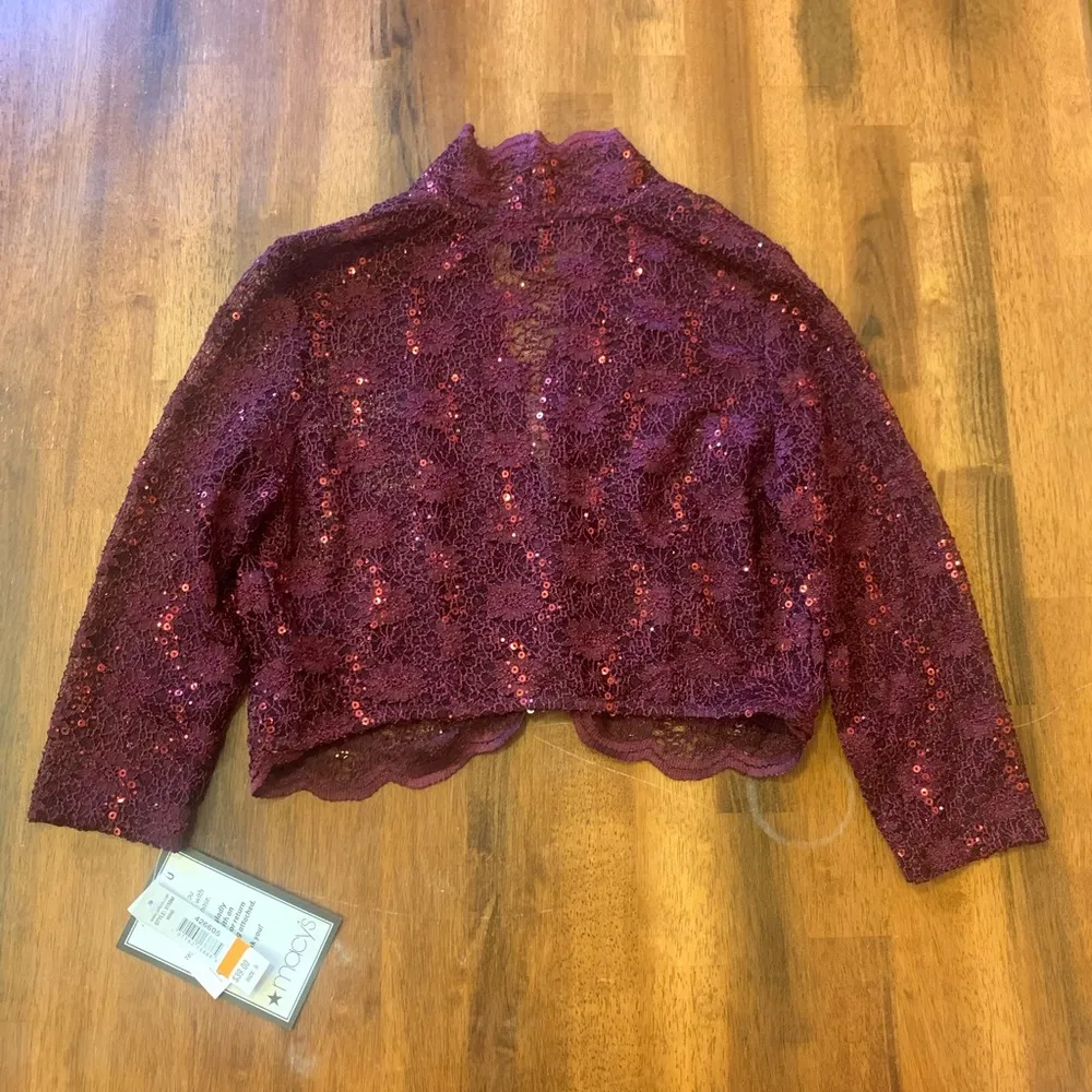 R & M Richard’s NWT Bolero Jacket Wine color 3/4 Sleeve Lace Sequin Scalloped - Image 6