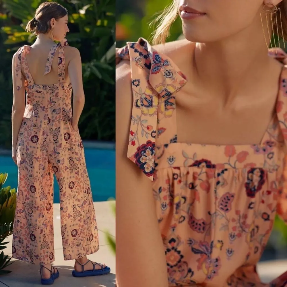 Anthropologie Sancia Floral Wide-leg Cropped Jumpsuit Tie Strap Pink Peach Large - Image 4