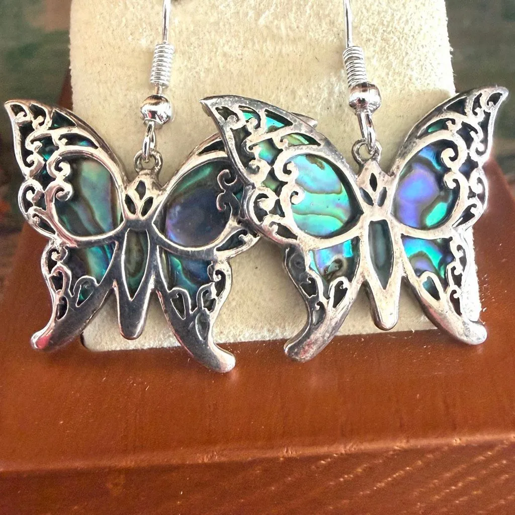 Sterling Silver Abalone Butterfly Dangle Earrings – Filigree Wings - Image 3
