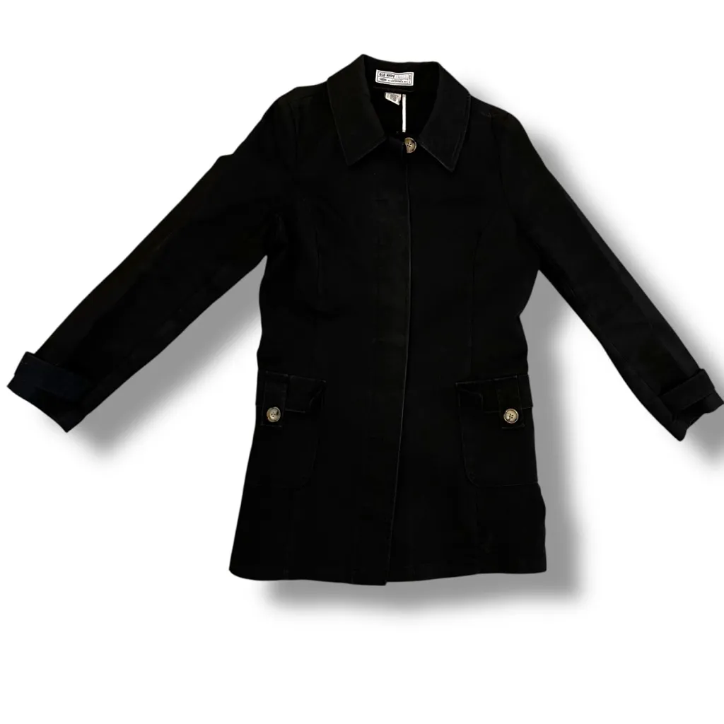 Old Navy Y2K Black Collared Cotton Lightweight Hidden Buttons Trench Coat Med - Image 3