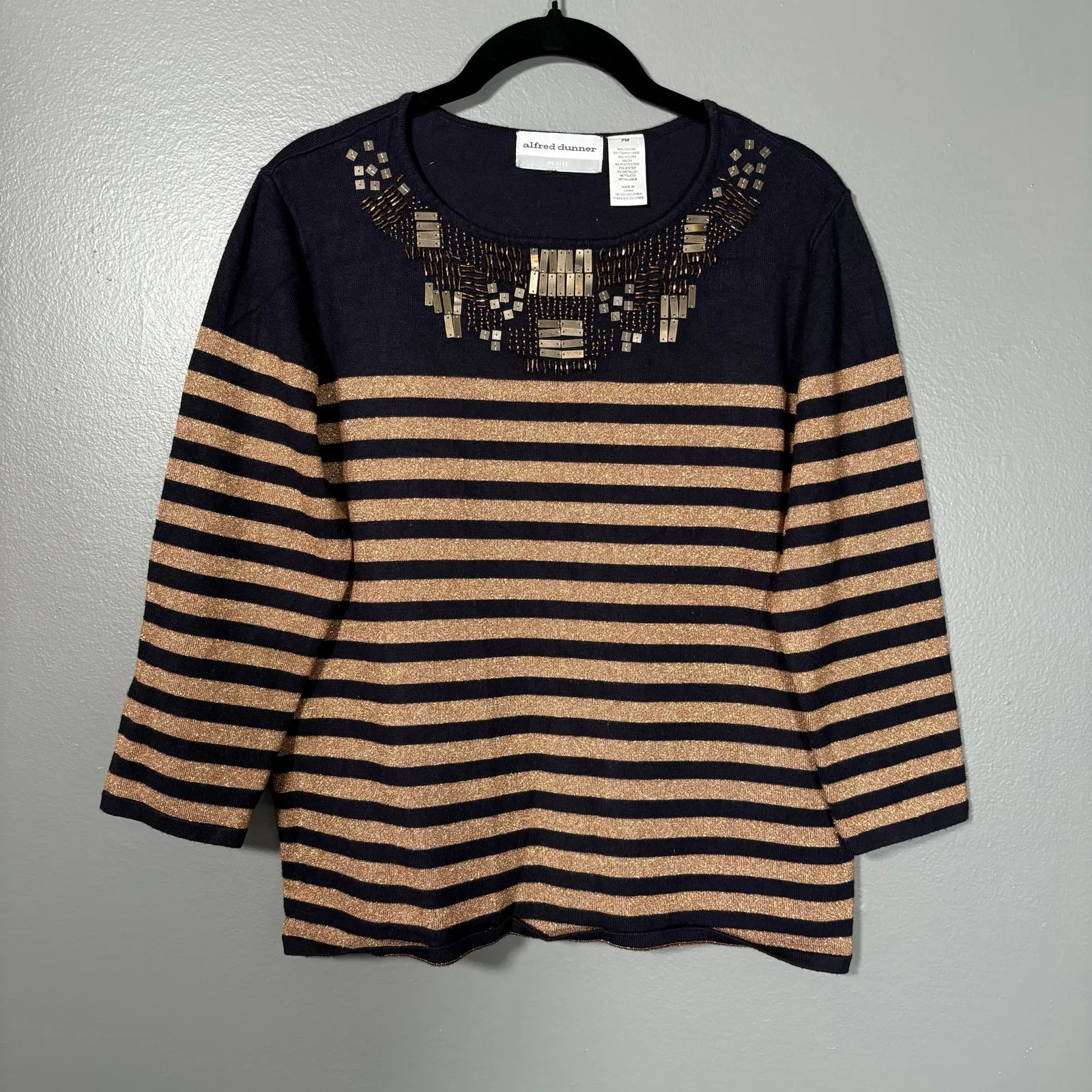 Alfred Dunner Women's Beaded Metallic Striped Knit Top - Size Petite Medium (PM) - Image 1