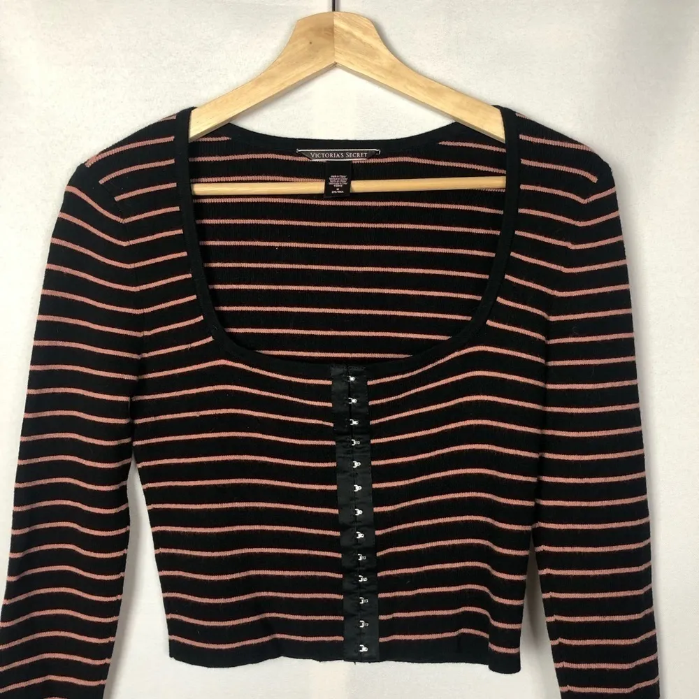 Victoria's Secret Pink & Black Striped Ribbed Corset Front Square Neck Crop Top - Image 6