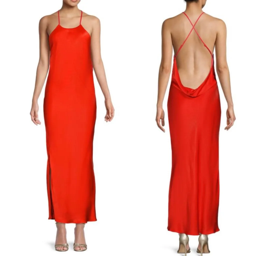 Bardot Mila High Jewel Neck Cowl Back Satin Slip Dress in Fire Red‎ Size 2 - Image 2