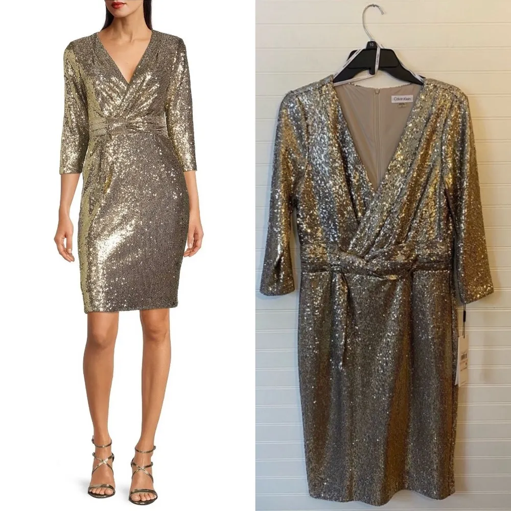 Calvin Klein Sequin Faux Wrap V Neck Knee Length Dress - Image 10