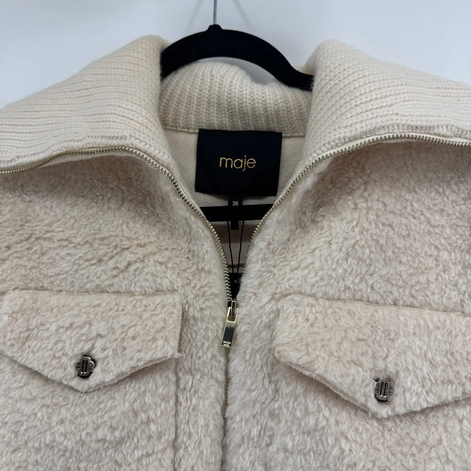 Maje Belio Furry Ecru Faux Fur and Knit Jacket Womens Sz FR 36 US S NWT - Image 6