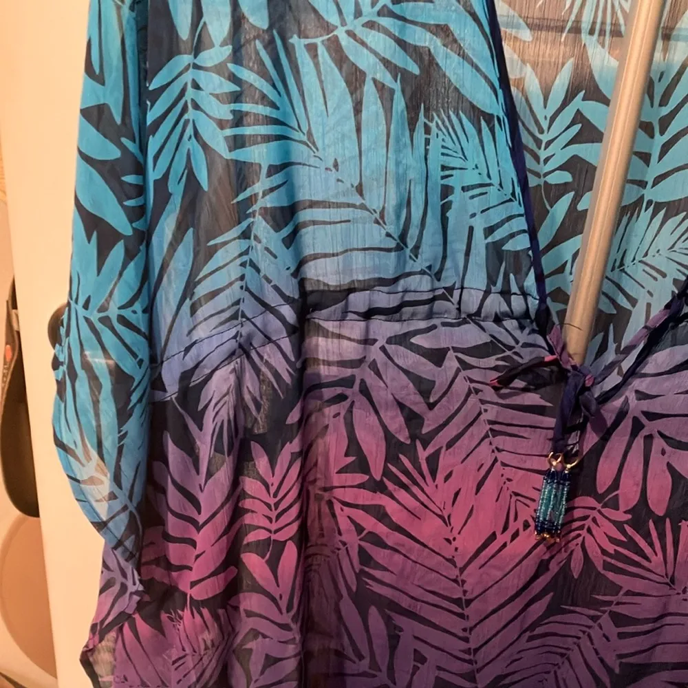 Blue and Purple Leaf Print beach cover up Kaftan tie front has seed beads - Image 3