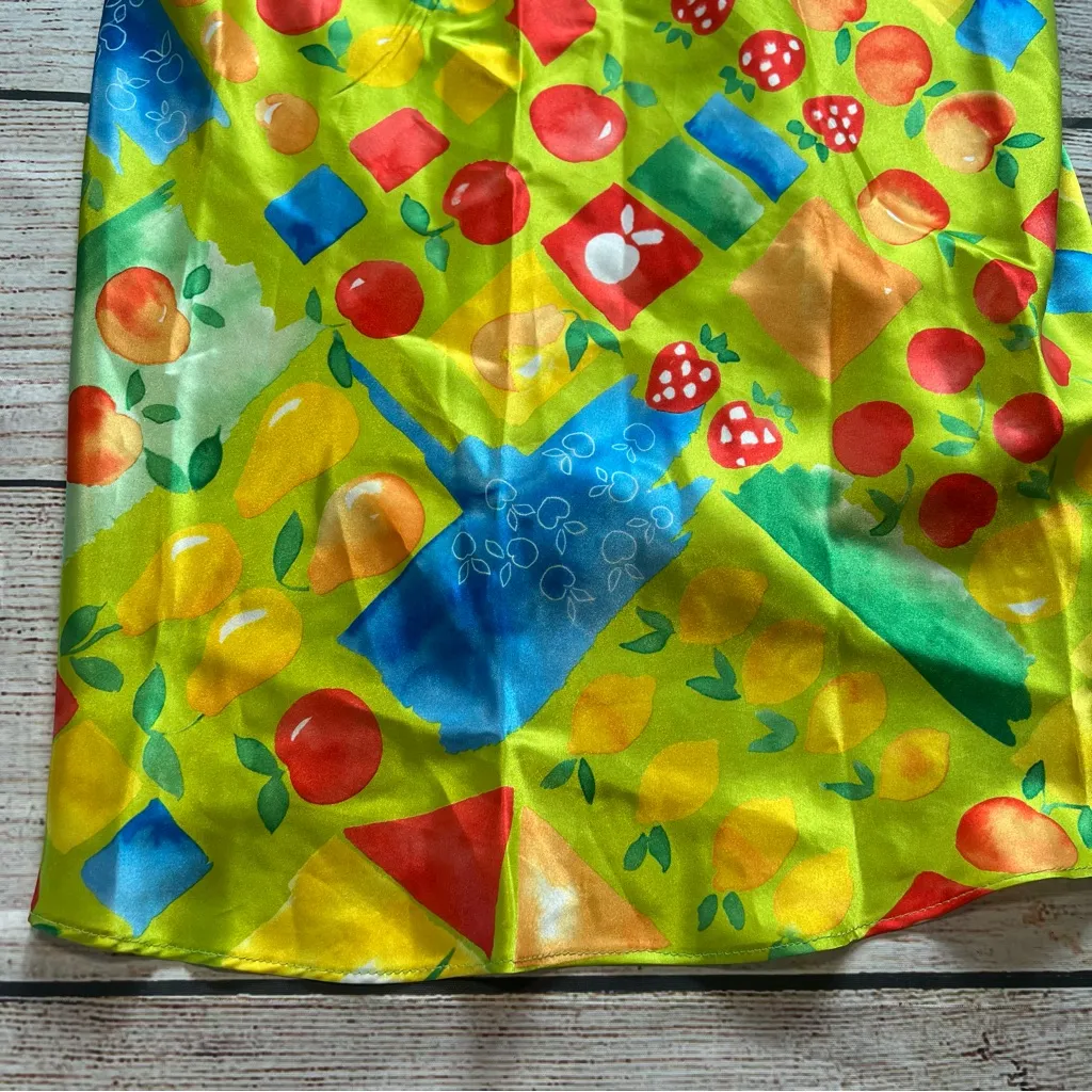 Vintage 90s Cherry Satin Slip Dress Fairycore Womens Medium Fruits Retro Cottage Green - Image 3