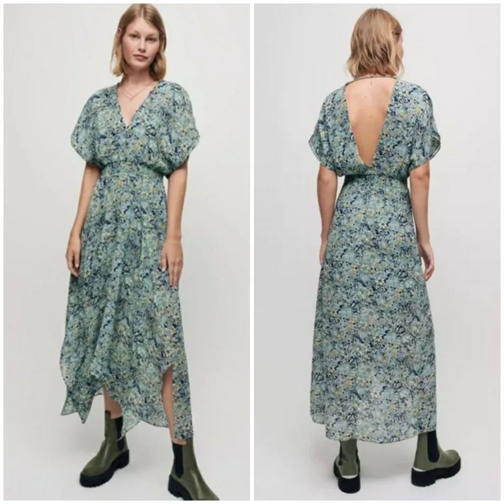 💕MAJE💕 Printed Chiffon Scarf Dress Celadon Blue Bouquet Floral Print 36 = US S - Image 2