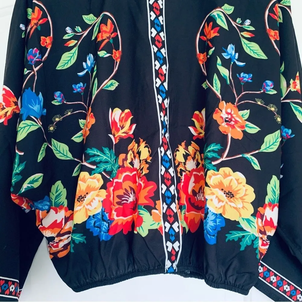 Women's Black Floral Print Batwing Sleeve Top | Size: L - Image 11