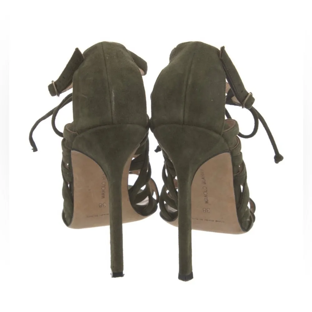 Manolo Blahnik Vostra Strappy Suede Lace Up Open Toe Heels Green sz 38 - Image 4