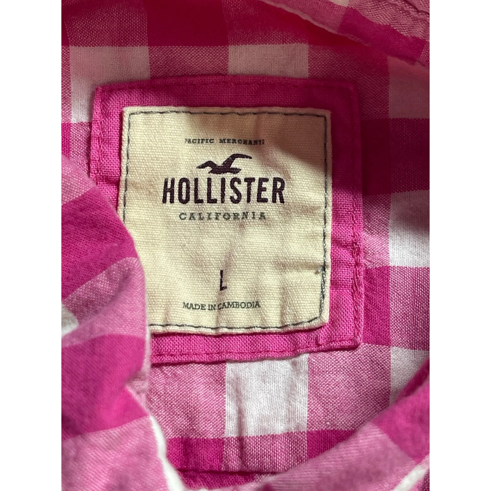 Hollister Women's Pink Gingham Checkered Long Sleeve Button Down Shirt Top Sz L - Image 4