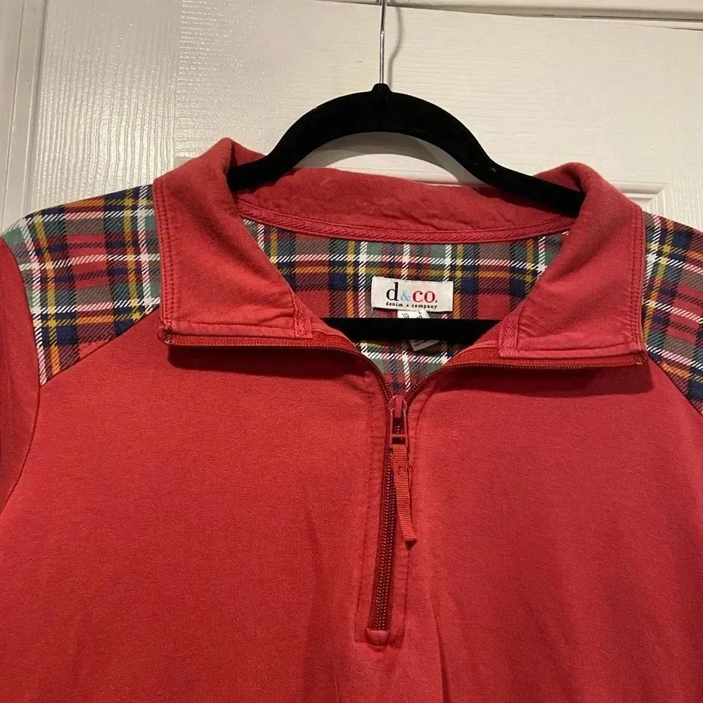 Denim & Co Red Cotton Stretch Collared Plaid Detail Quarter Zip Pullover Size L Size L - Image 2