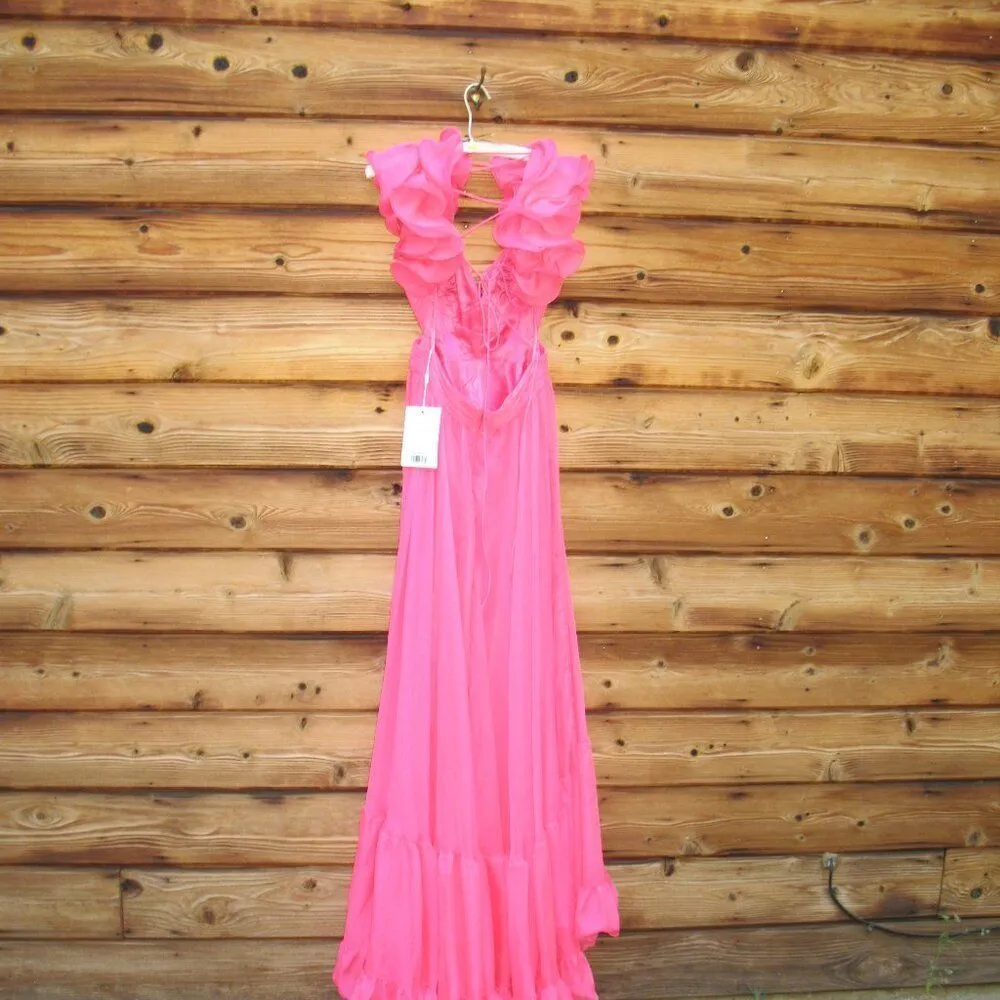 NWT Mac Duggal Ruffle Tiered Cut Out Chiffon Gown 67911 Hot Pink Size  4 - Image 9