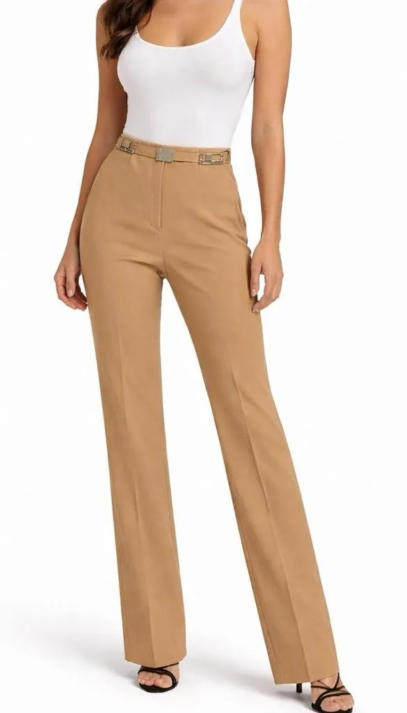 Vertigo Camel Tailored Dress Pants with Signature Hardware Belt | Size 4 - Image 1