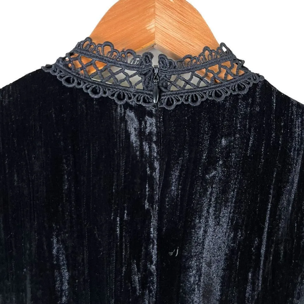 Shoshanna Primrose Velvet Dress Jet Black Long Sleeves Mock Neck Crochet Trim, 6 - Image 14