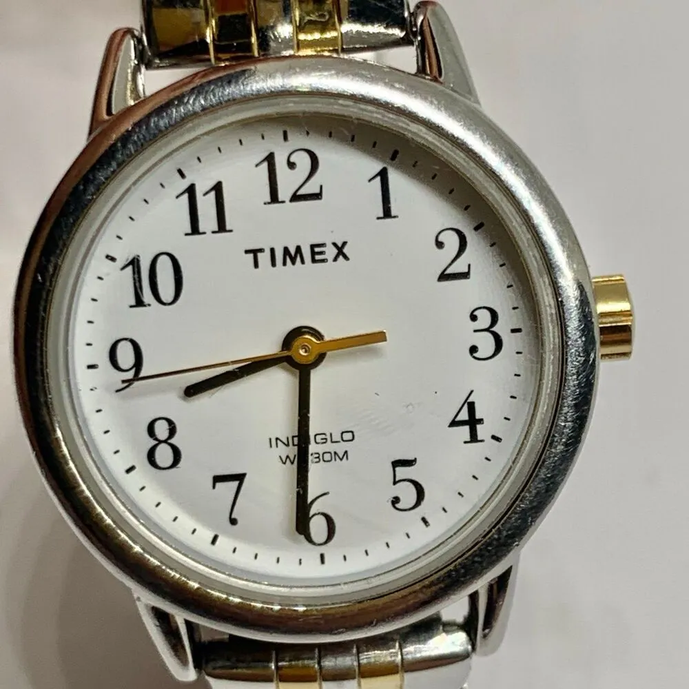 Timex indiglo women’s quartz analog watch silver gold tone 25mm size 6” running - Image 2