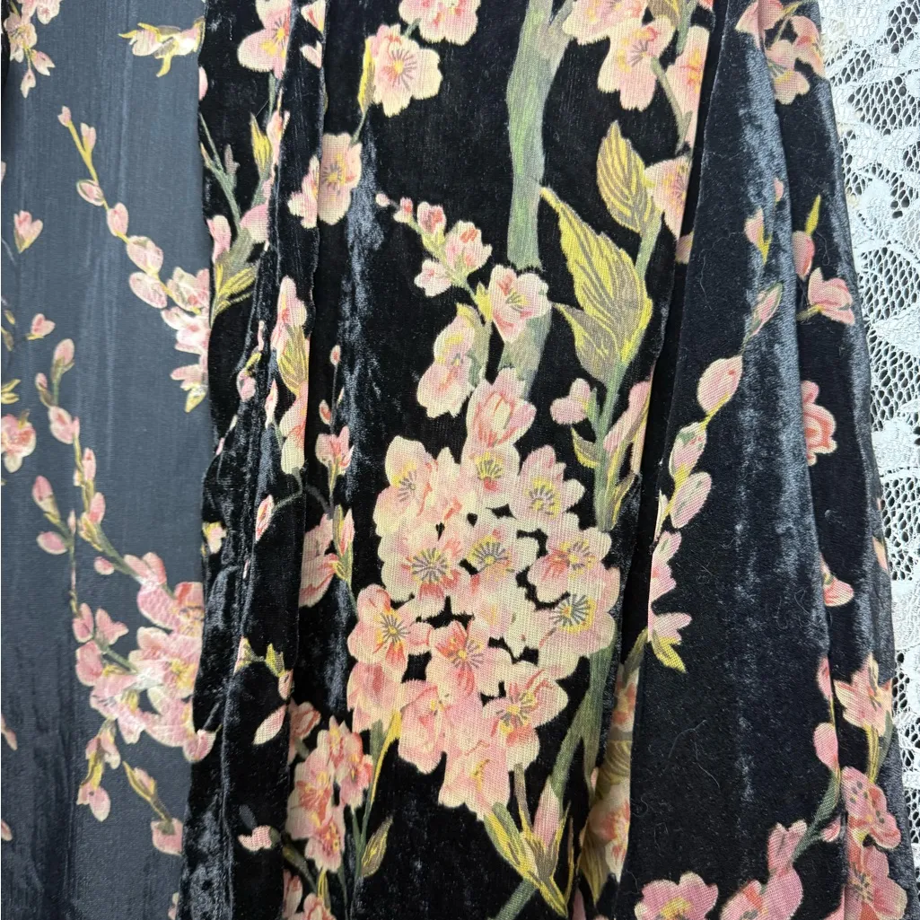 Lucy Paris Black Pink burnout velvet Floral duster robe chainette fringe sheer S - Image 5