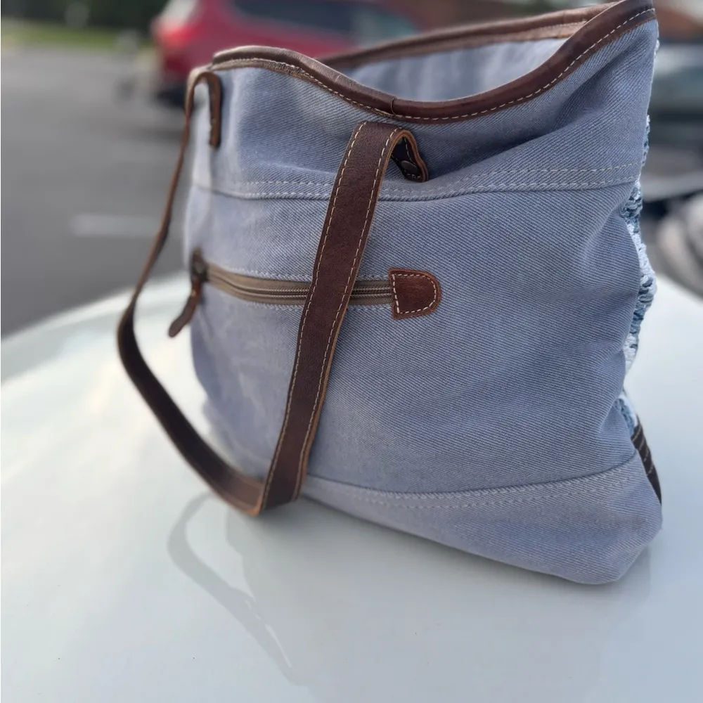 Myra Blue and White Chevron Tote Bag - Image 2