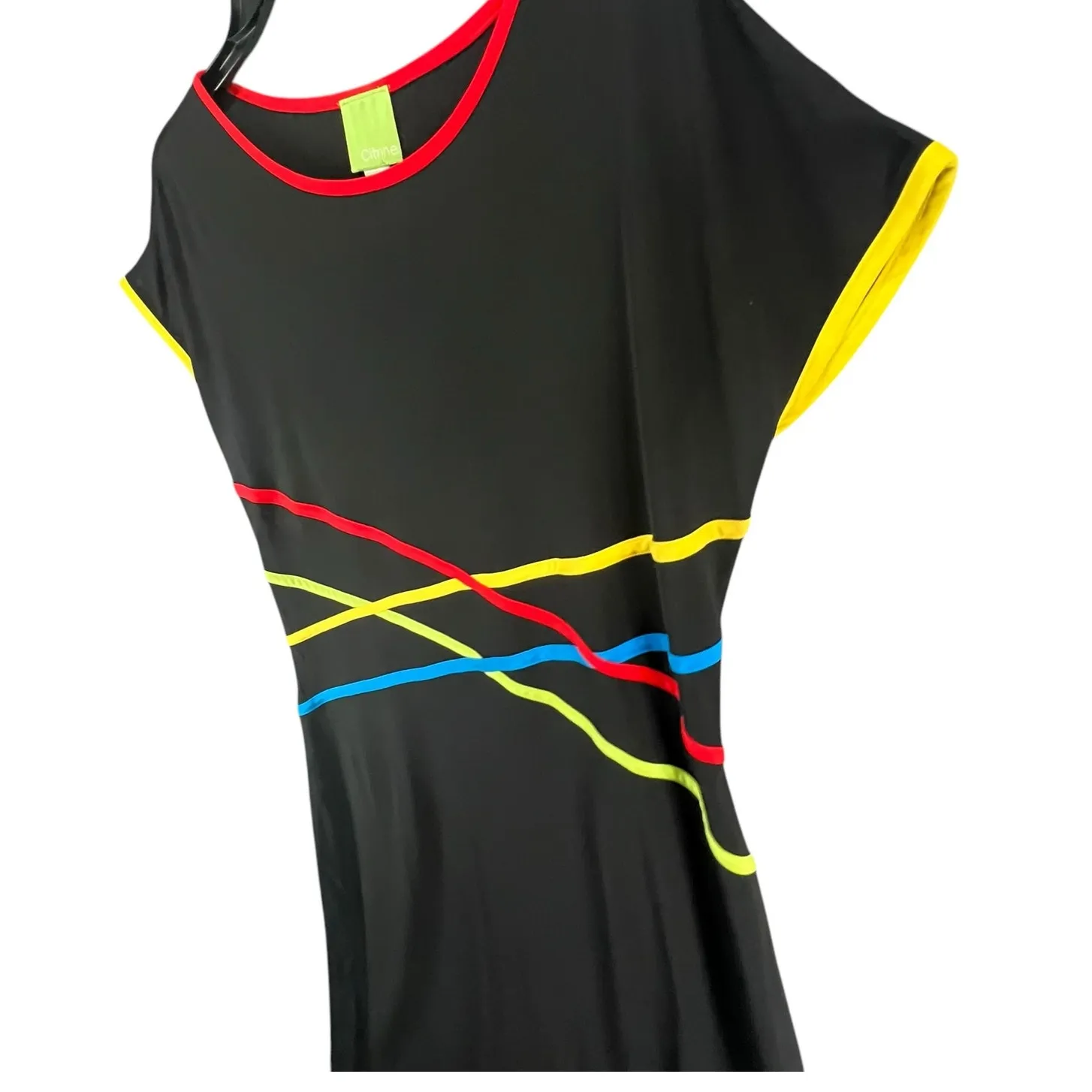 Citrine Shift Dress Women 12 Black Cap Sleeve Colorful Stripes Stretch Mod Retro - Image 6