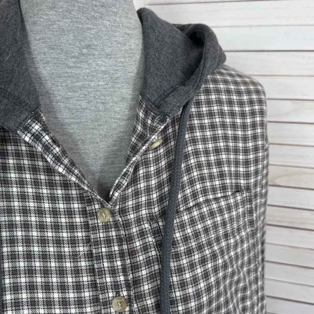 American Eagle Plaid Hoodie Crop Button Up Shirt Grey XS Distressed Shacket - Image 7