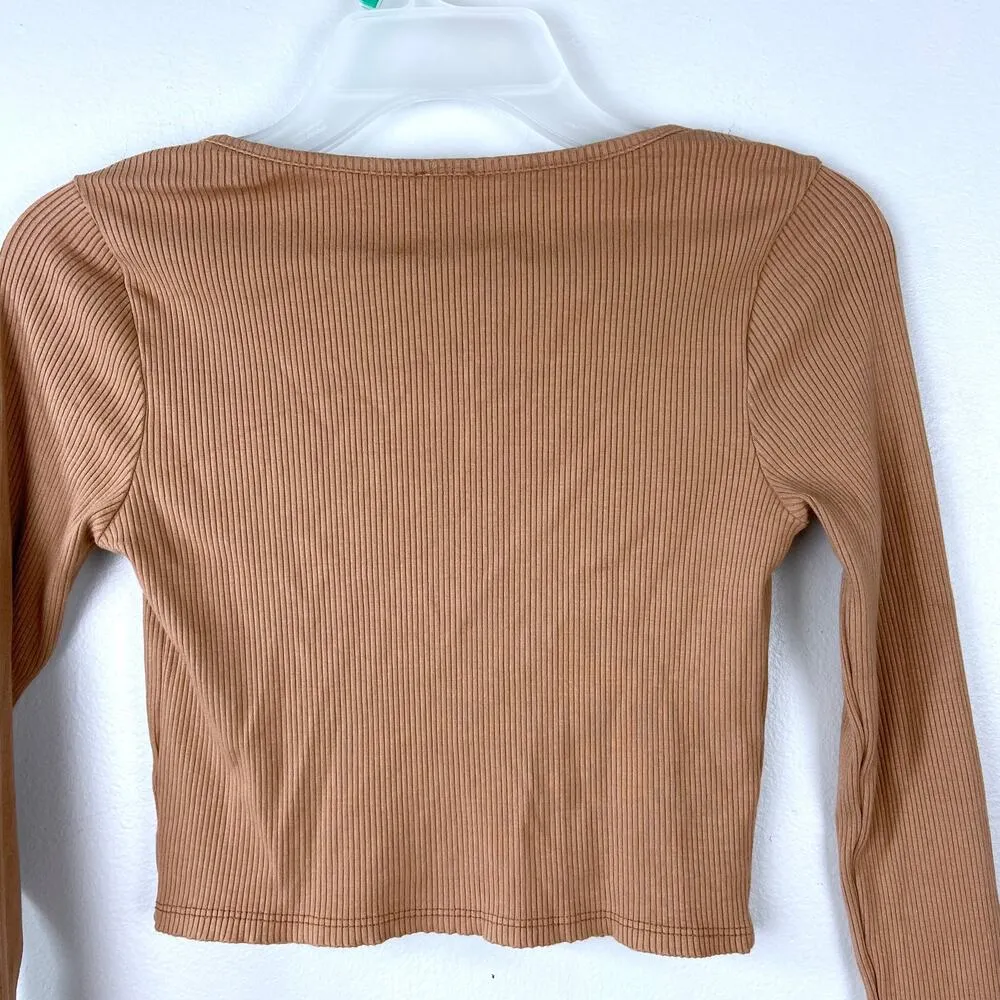 LA Luxe Brown Cardigan Pullover Front Top Connected Ribbed Long Sleeve Crop Size XS - Image 6
