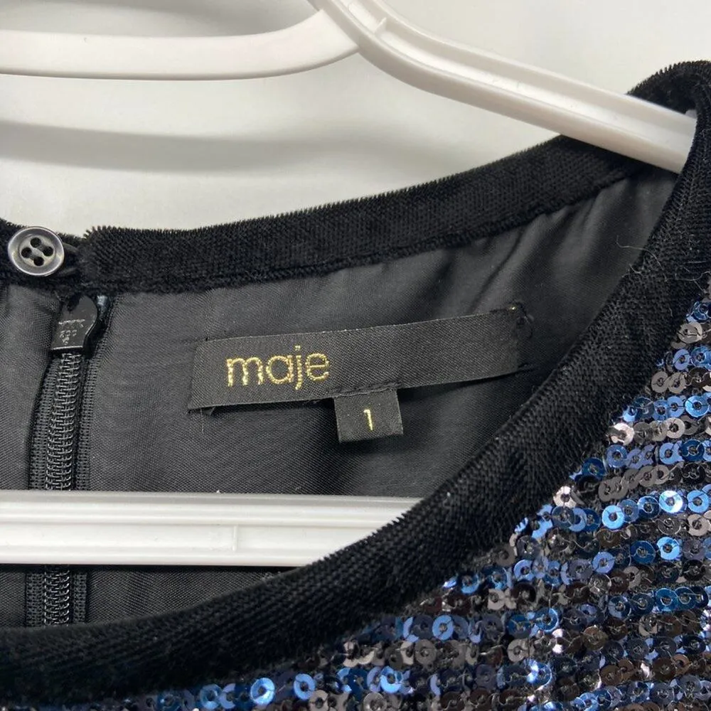 MAJE Ketsia Midnight Blue Sequined Tulle Dress Velvet Bow Small - Image 4