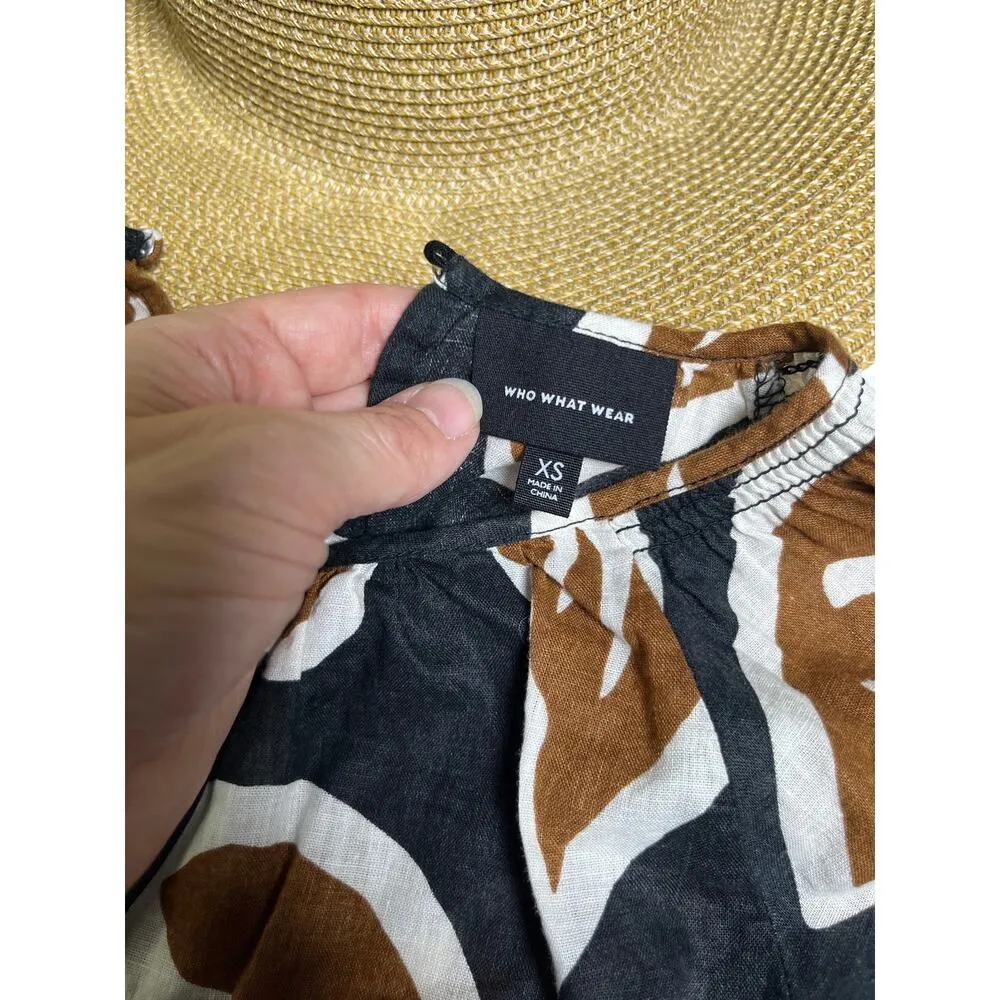 Who What Wear Puff Sleeve Top XS Linen Blend Brown‎ Black Print Minimal - Image 6
