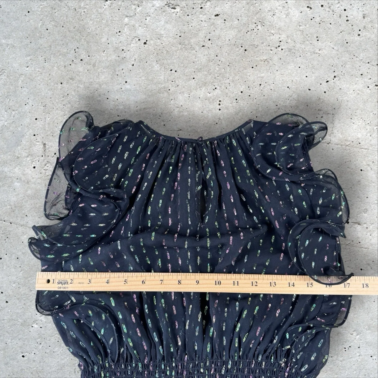 ML Monique‎ Lhuillier Metallic Iridescent Ruffle Top Blouse Smocked Waist Sz M - Image 8