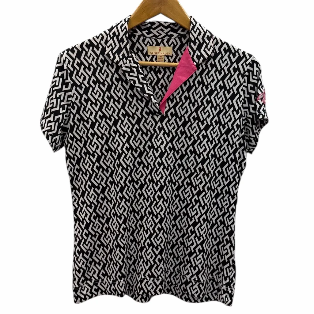 Sport Haley Geometric Print Golf Polo Shirt Black White Pink Womens Medium - Image 7