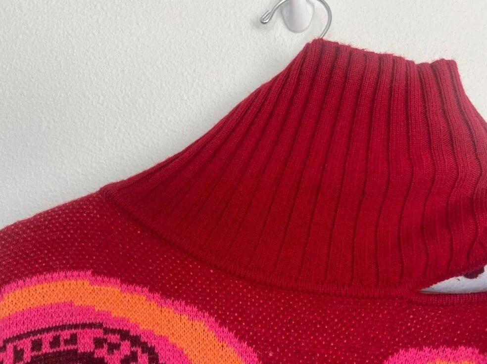 FARM RIO Cutout Asymmetrical Knit Bold Pink Floral Turtleneck Wool Blend Sweater - Image 2