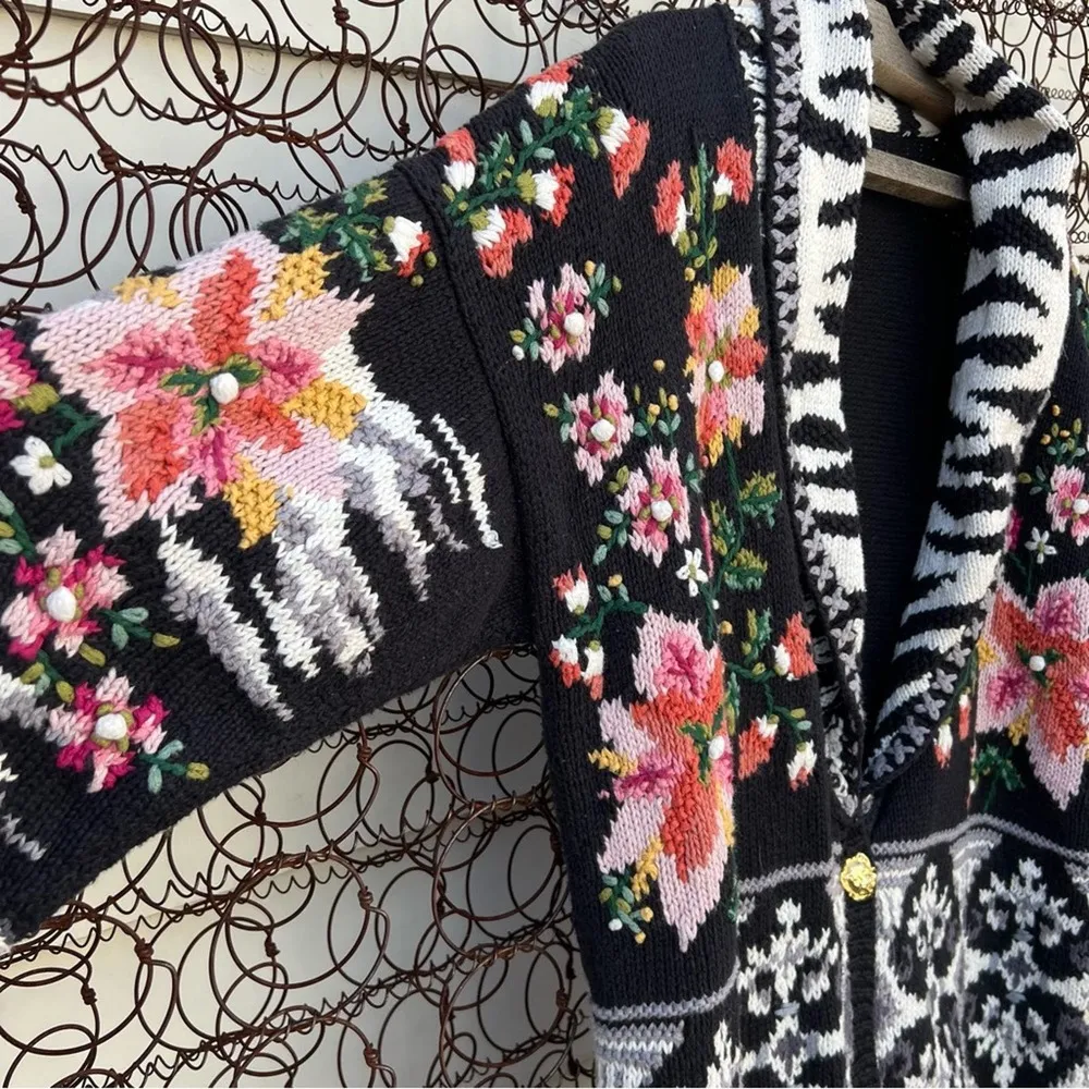 Vintage 90s tunic cowl neck cardigan sweater embroidered floral fair isle detail Size M - Image 8