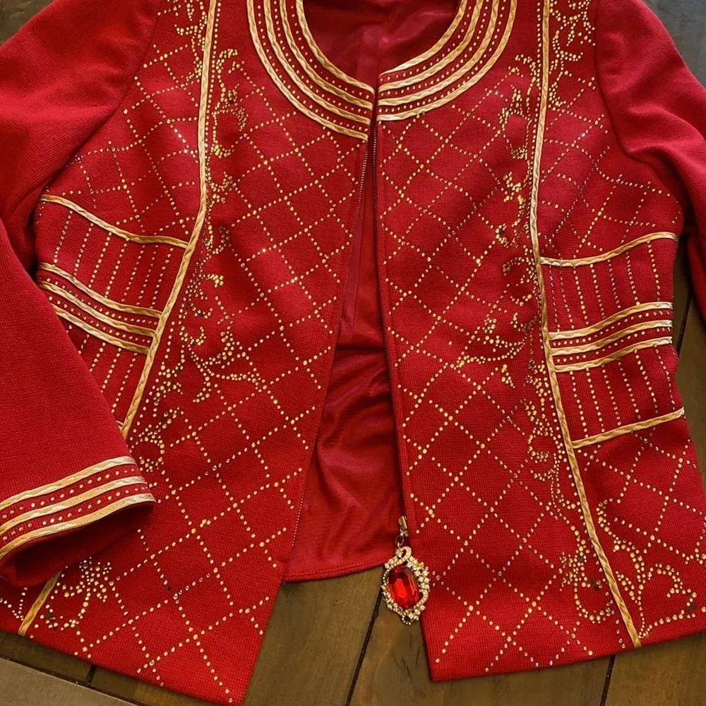Susanna Red embellished full zip sweater gold trim bejeweled cross pattern 14‎ - Image 8
