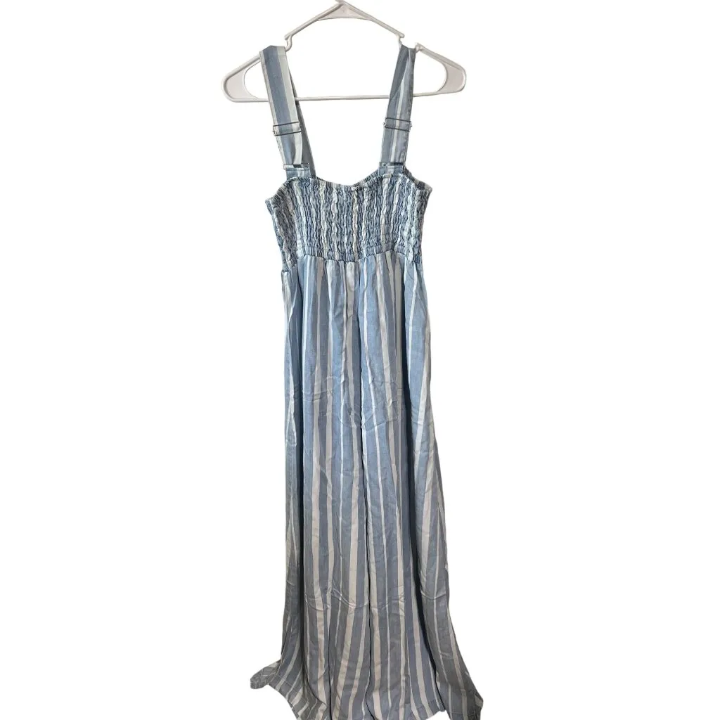 Tractr Blue & White Striped jumpsuit With Smocked Bodice & Adjustable Straps Size 10 - Image 3