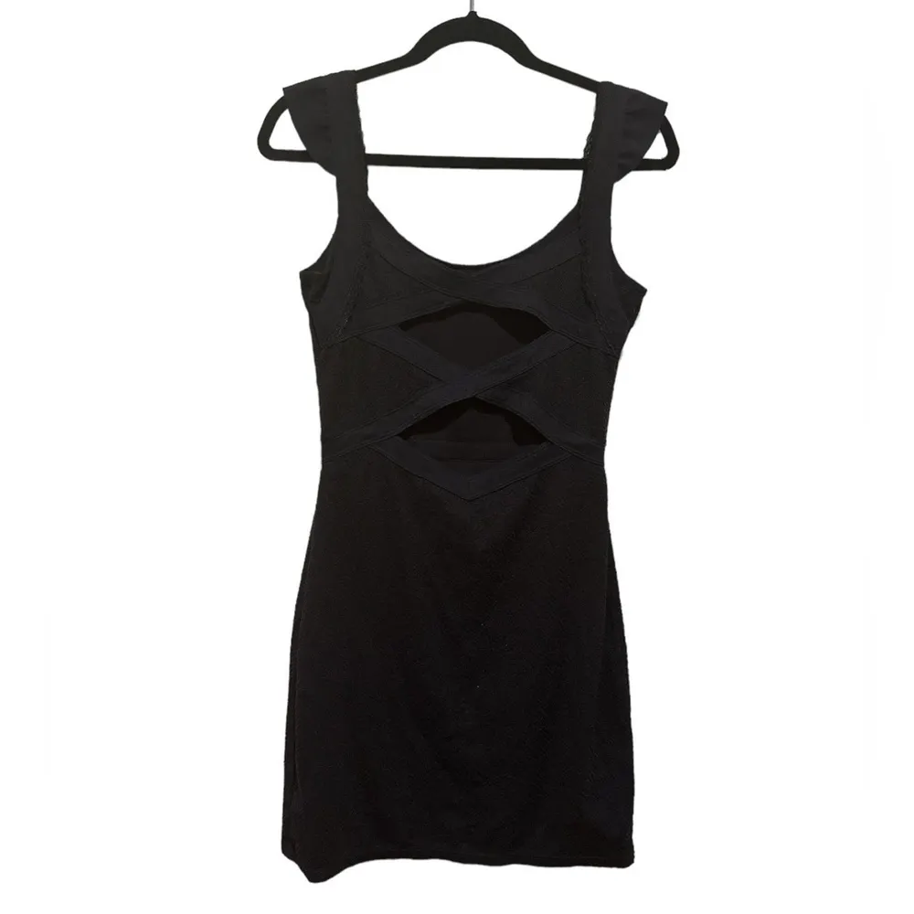 FREE PEOPLE BLACK CUT OUT SLEEVELESS STRETCH BODYCON RUFFLE SLEEVE CUTOUT DRESS - Image 4