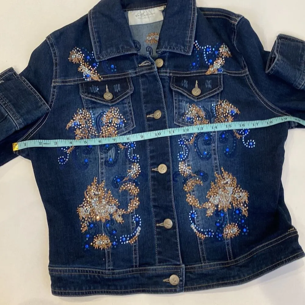 La Bellum Hillary Scott Women’s Jean Jacket Embellished Embroidered EUC Sz S Blue - Image 9