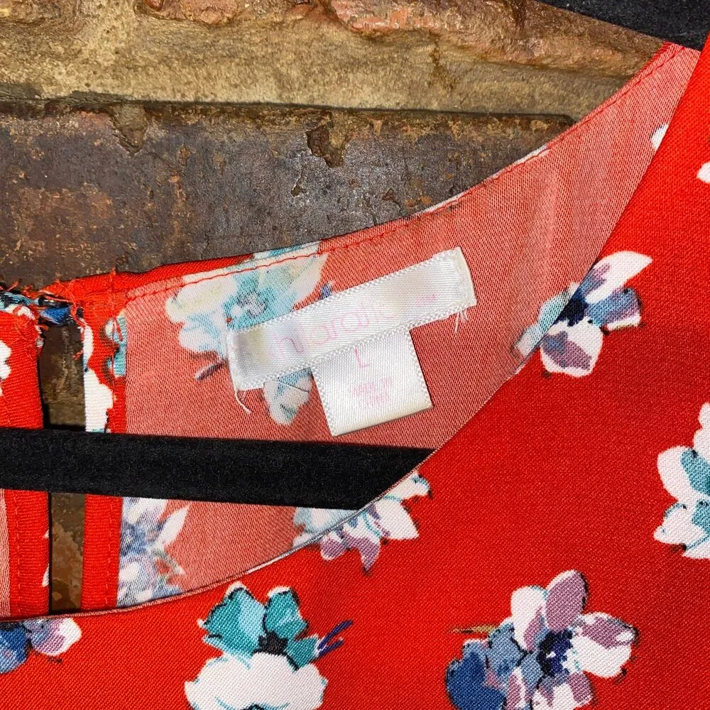 Xhilaration Orange Floral Tiered Peek-A-Boo Keyhole Sleeveless Top Women's Large - Image 4