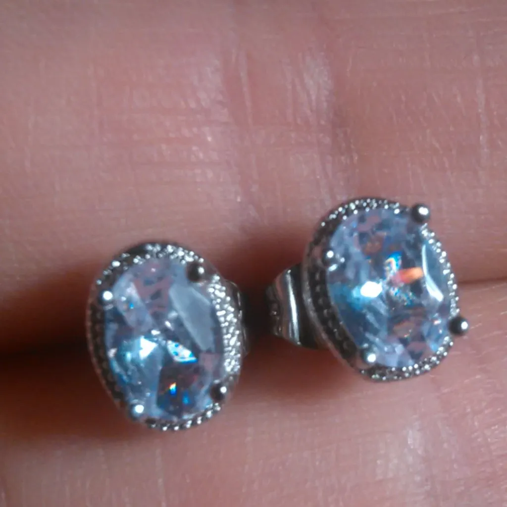 Simulated Blue and White Diamond Silvertone Brass Stud Earrings - Image 12