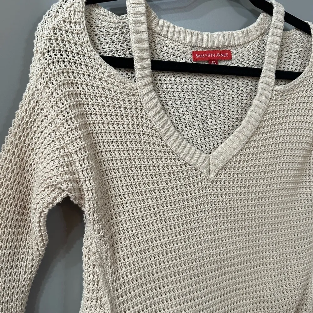 Saks Fifth Avenue Waffle Knit Sweater Tunic Dress Raw Hem Size Small - Image 4