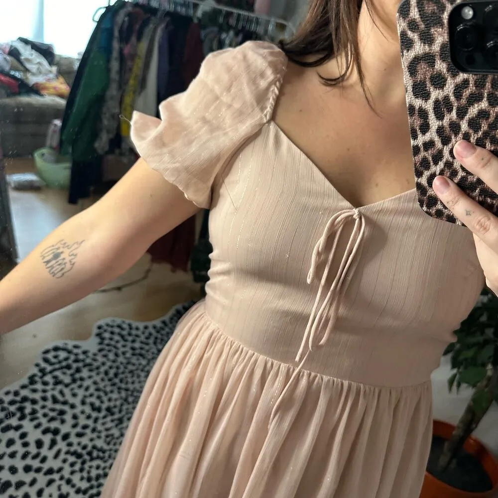 Chelsea28 Chiffon Puff Sleeve Metallic Stripe Lace Midi Dress Pink Size Small - Image 2