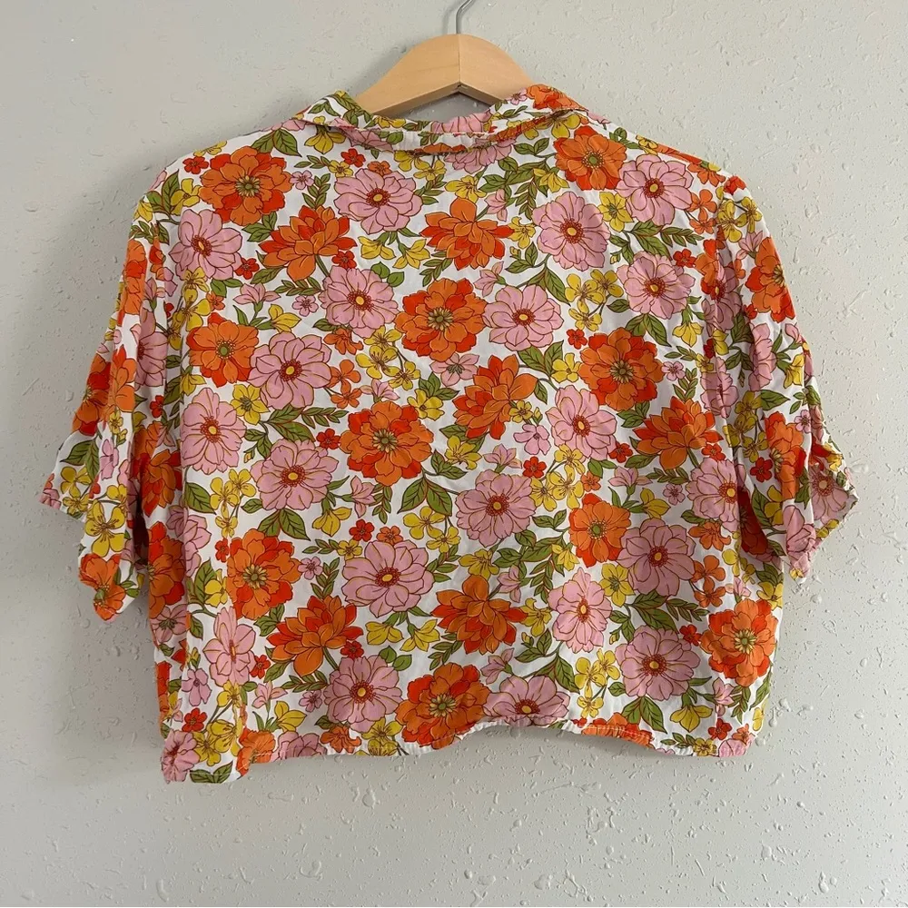 🦋 Rue 21 Pink Orange Floral Crop Top 60s 70s Hippie Peace Casual XL Retro - Image 3
