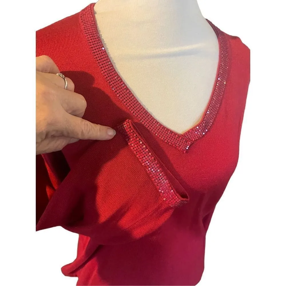 Requirements Red V-Neck Sequined Long Sleeve Lightweight Sweater Size XL - Image 6