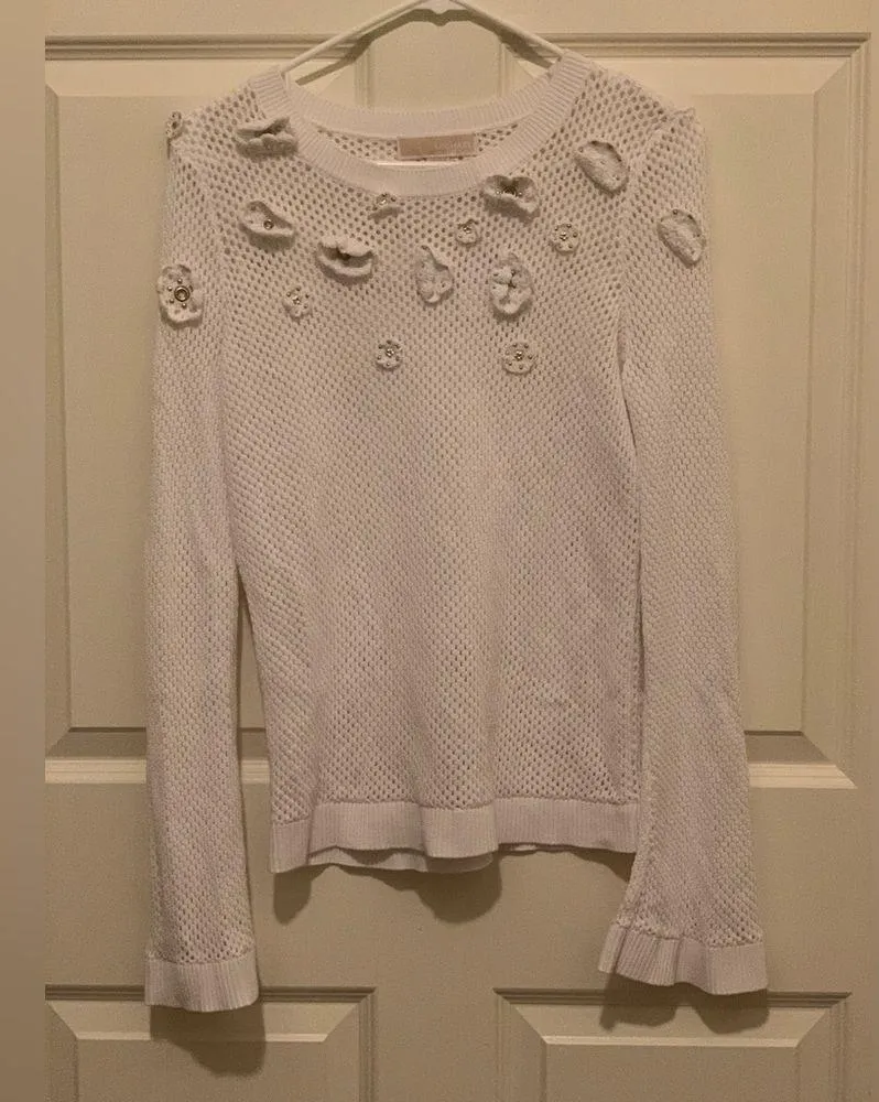 Michael Kors White Knit Textured Floral Sweater With Bell Sleeves.  Size-Medium - Image 2