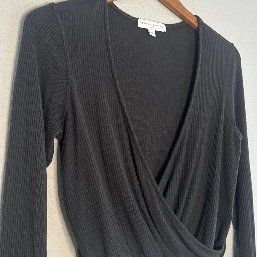 Spiritual Gangster Ballet Ribbed Surplice Top Grey Black Long Sleeve Sweater - Image 4
