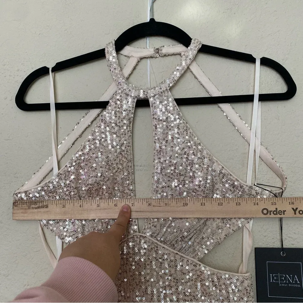 Ieena for Mac duggal sequined halter‎ cut out ruffle Asymmetrical dress in nude - Image 13