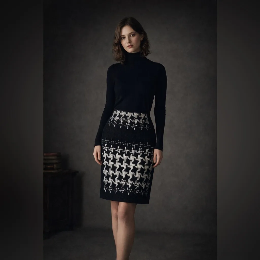 Carlisle Houndstooth Wool Blend Pencil Skirt Black White Size 14, Dark Academia - Image 2