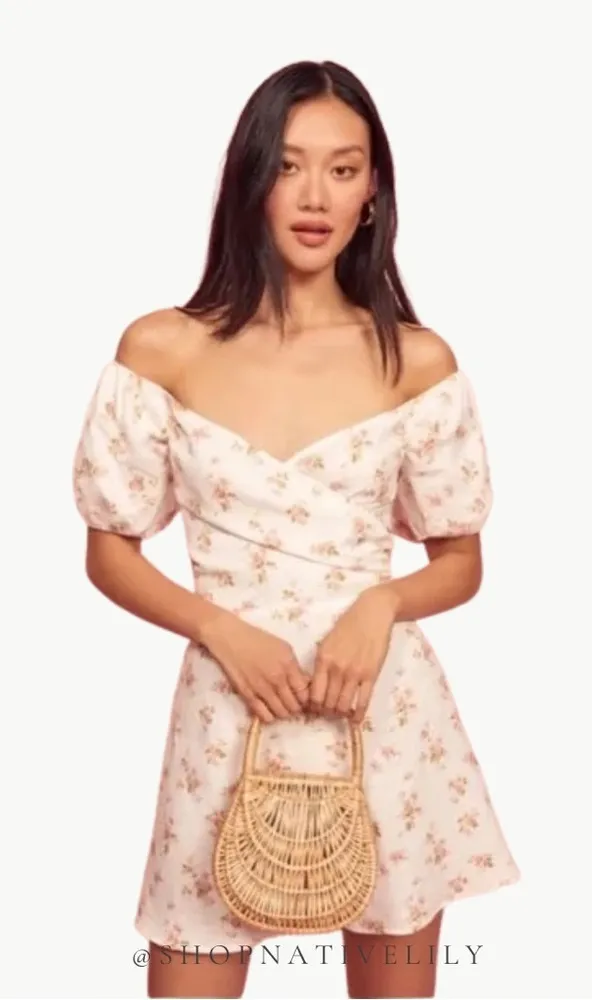 Reformation Bowie Linen Puff Sleeve Mini Dress | Sz 8 | Ivory Mildred Floral - Image 2